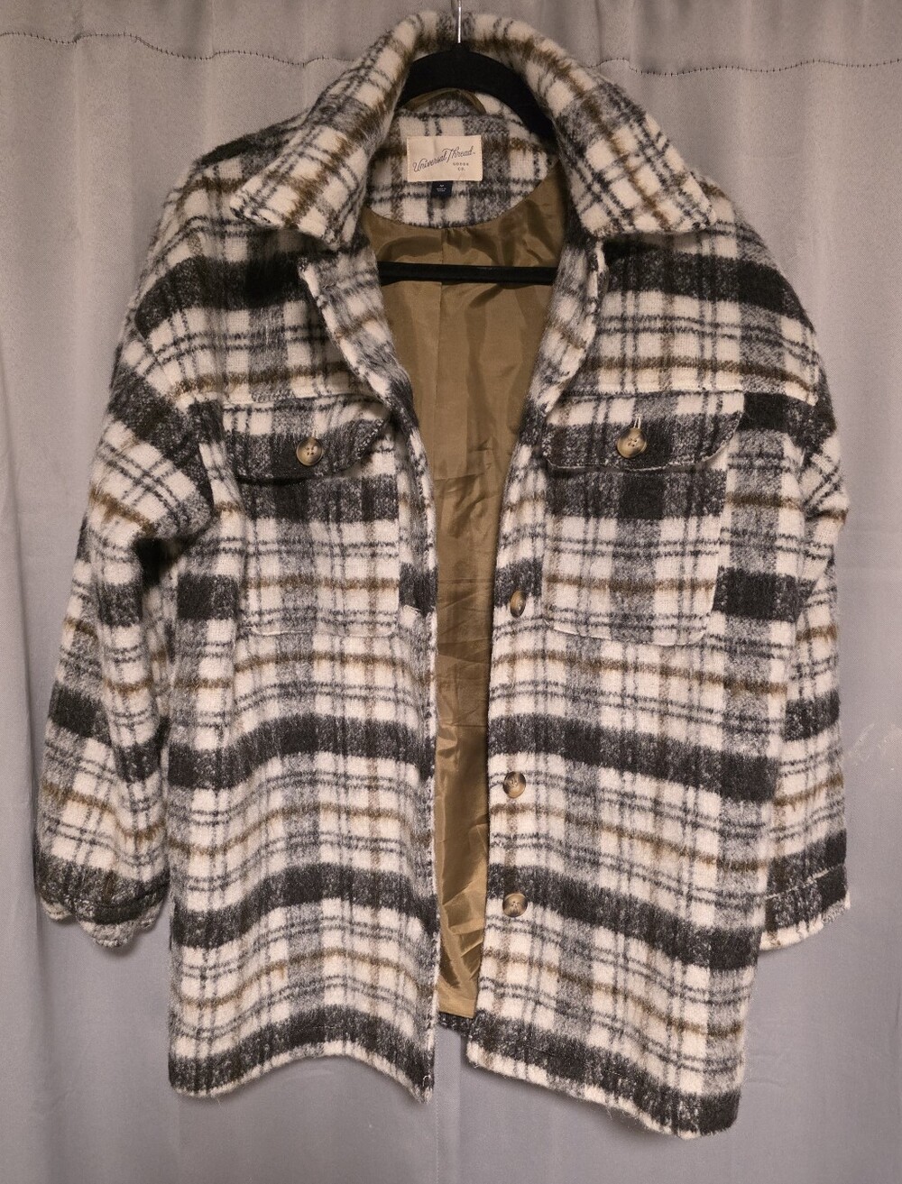Universal Thread Plaid Shacket in Cream, Black and Brown